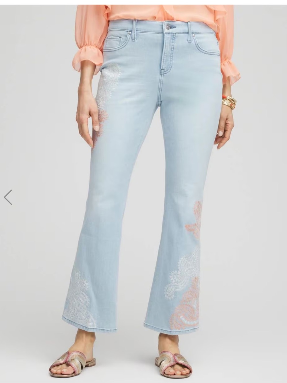 Chico's So Slimming Kick Flare Girlfriend Jeans Light Wash Embroidered Boho 16